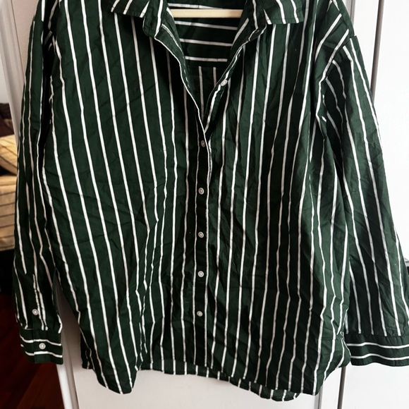 Aerie Good Day Cover Up Button Down Poplin Shirt - Green & White Striped - Picture 4 of 5
